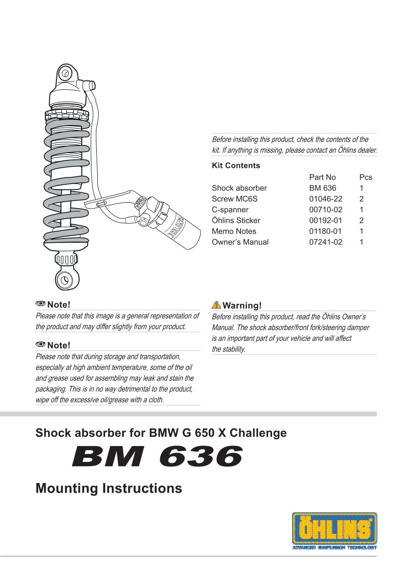 โช๊คหลังแต่ง Ohlins BM636 For BMW G 650 X Challenge ปี 2007-2009