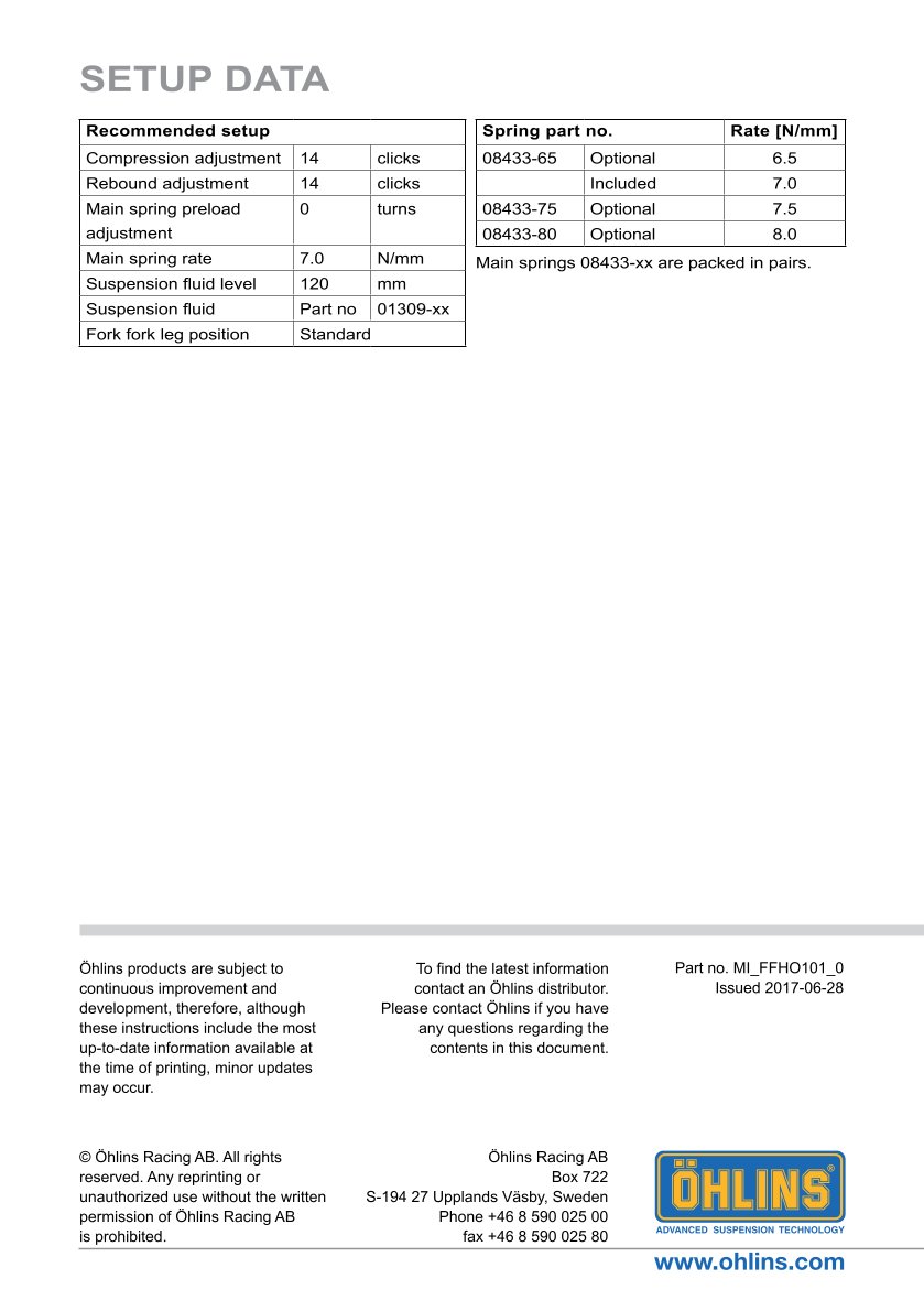 โช้คหน้า OHLINS FFHO101 FOR Honda CRF1100 Africa Twin Adventure Sports DCT (Showa) 2020-2023
