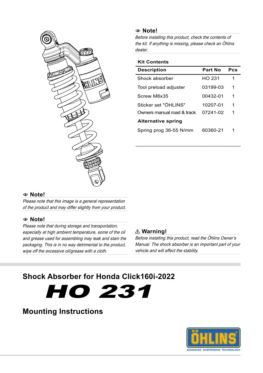 โช๊คหลังแต่ง Ohlins HO231 For Honda Click 160 ปี 2022-2023