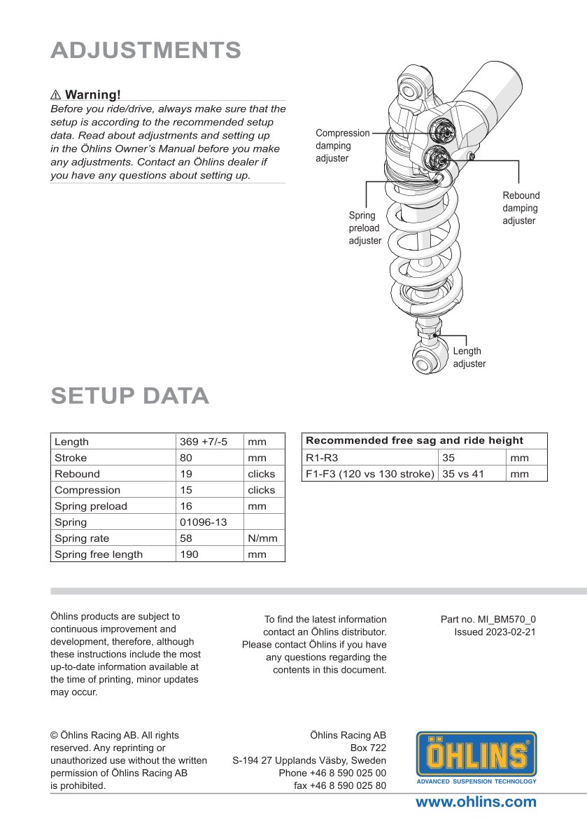 โช๊คหลังแต่ง Ohlins BM570 For BMW S 1000 RR ปี 2023