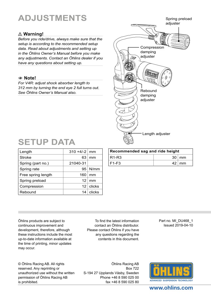 โช๊คหลังแต่ง Ohlins DU468 For Ducati Panigale V4 ปี 2018-2023