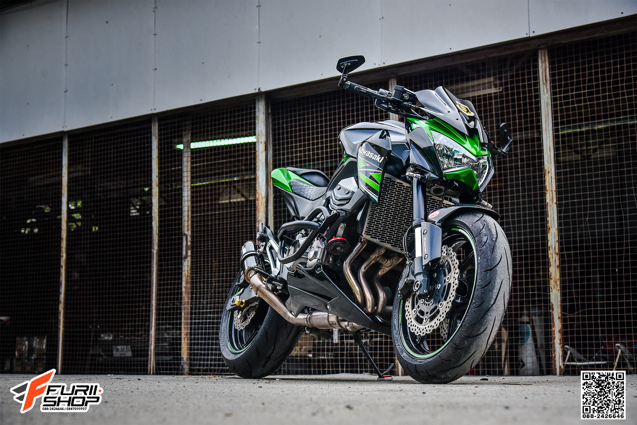 สายHEL KAWASAKI Z800 เดินทางเดิม หน้า-หลัง สายCARBON หัวเบนโจสีเงิน