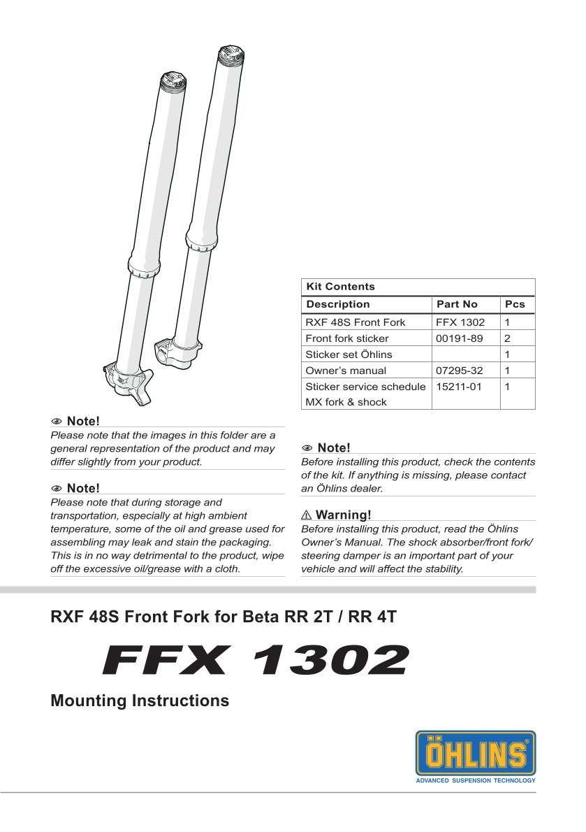 โช้คหน้า OHLINS FFX1302 FOR Beta RR 2T 200 2019-2023