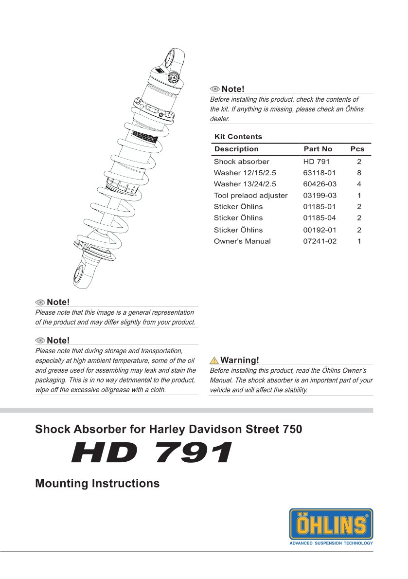 โช๊คหลังแต่ง Ohlins HD791 For Harley-Davidson Street 500 ปี 2015-2018