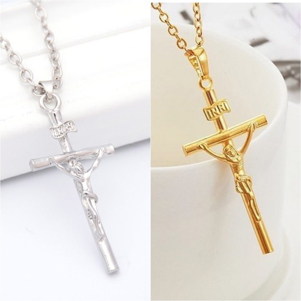 สร้อยคอ พระเยซูตรึงไม้กางเขน อัลลอย สีทอง เงิน พร้อมสร้อย Crucifix Jesus Cross Pendant Necklace N020 (สีทอง, สีเงิน)