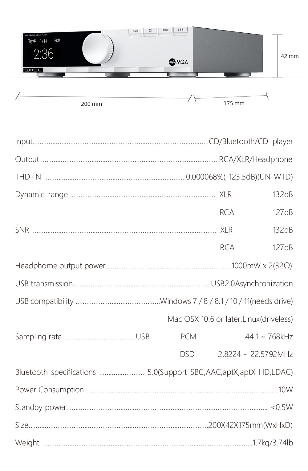 SMSL PL200 เครื่องเล่นซีดีตั้งโต๊ะขนาดกะทัดรัด รองรับ MQA ประกันศูนย์ไทย