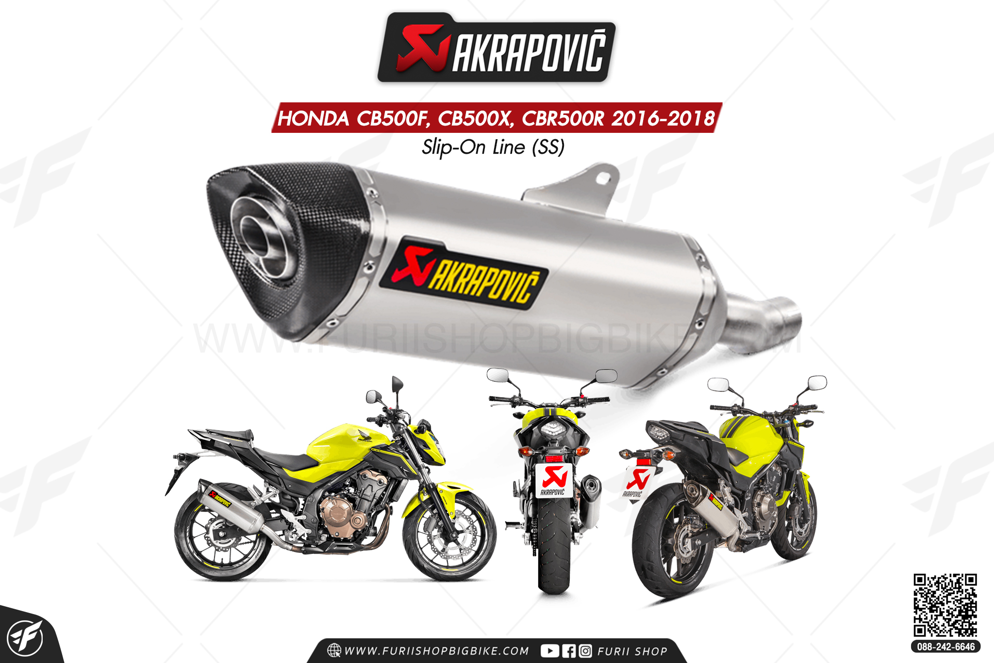 ท่อแต่ง Akrapovic Exhaust Slip-On Line (SS) New shape HONDA CB500F, CB500X, CBR500R 2016-2018