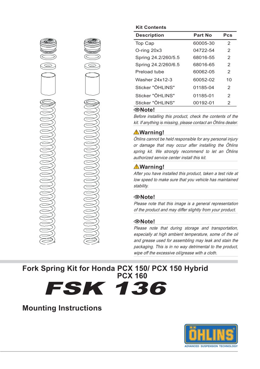 สปริงโช้คหน้า Ohlins FSK136 For Honda PCX160 2021-2022