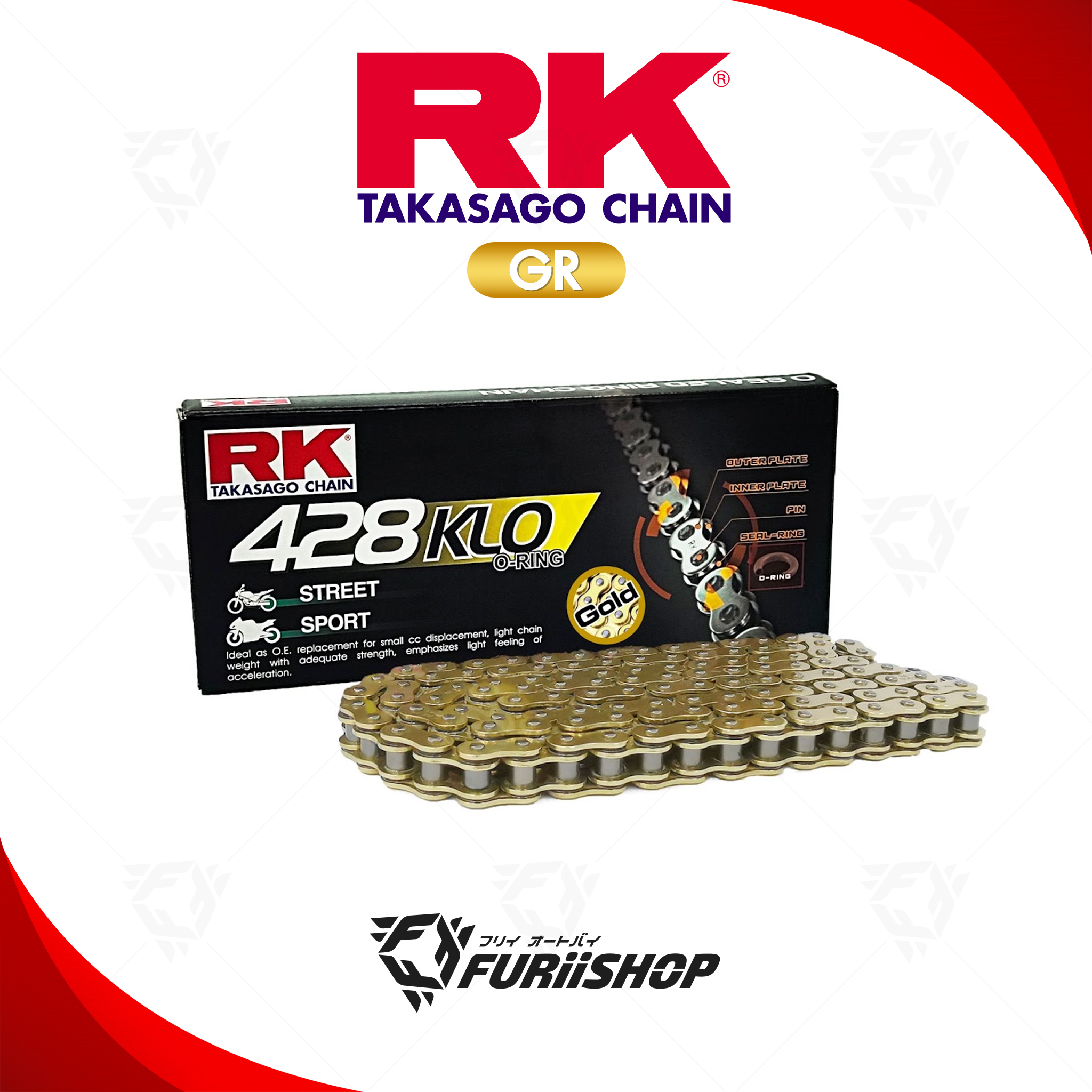 โซ่ RK แท้ 428KLO O-Ring Chain GR428KLO-132L (สี Full Gold) สำหรับรถมอเตอร์ไซค์ 150cc