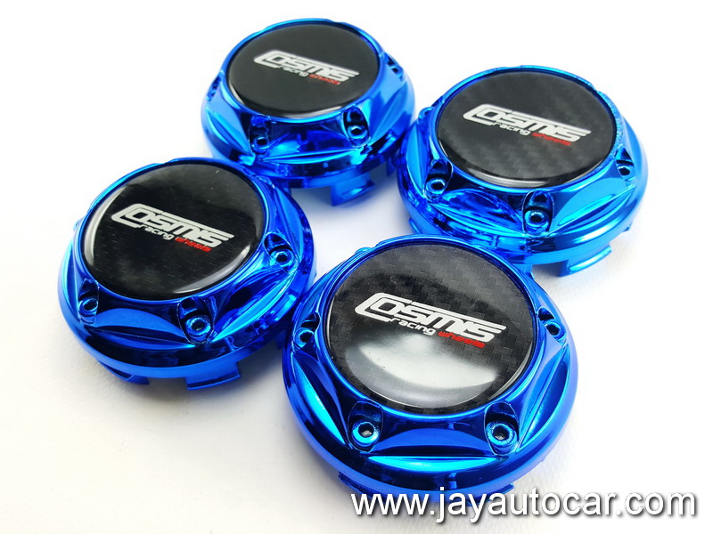 ฝาล้อรถยนต์ แม็กแต่ง ขนาด 73.5 มิล สำหรับ ล้อแม็ก โลโก้ COSMIS RACING WHEELS สีน้ำเงิน 1ชุด 4ชิ้น 73.5mm.
