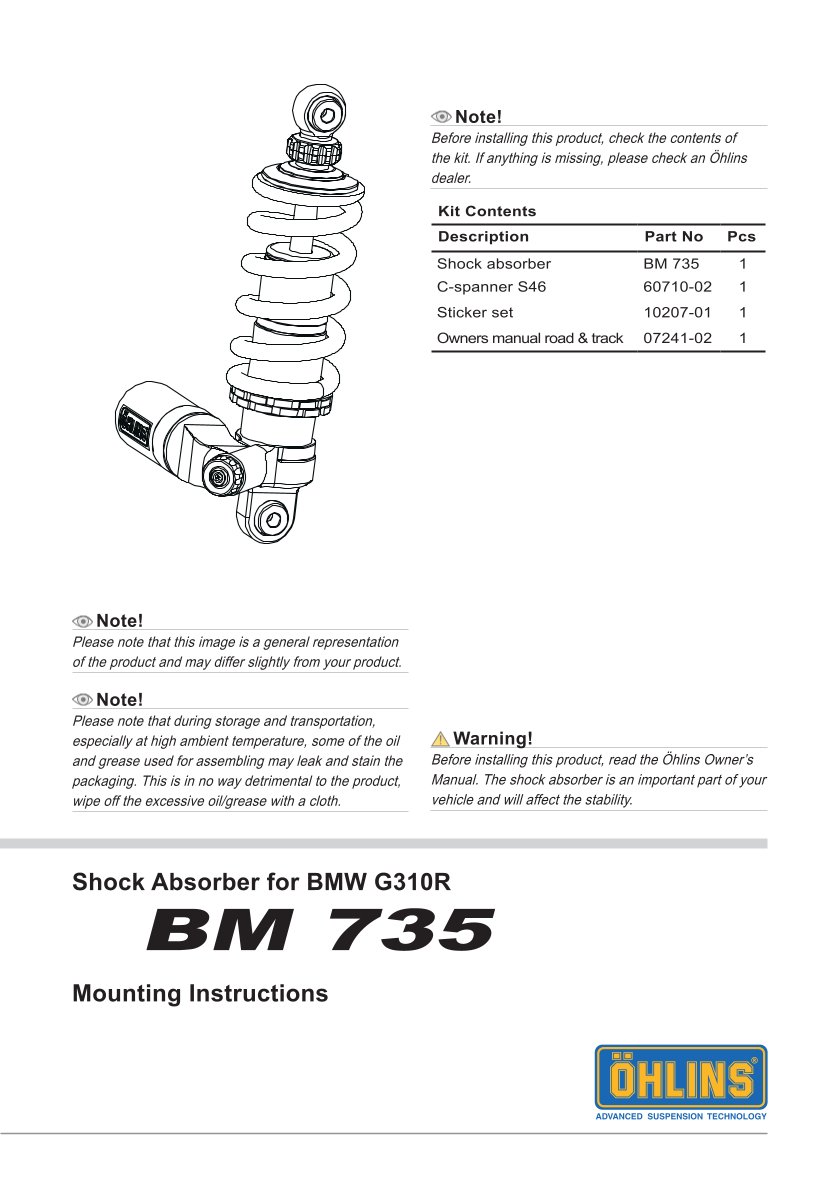 โช๊คหลังแต่ง Ohlins BM735 For BMW G 310 R ปี 2016-2023