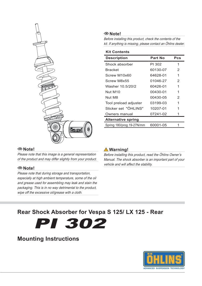 โช๊คหลังแต่ง Ohlins PI302 For Vespa S125/LX125 ปี 2022-2023