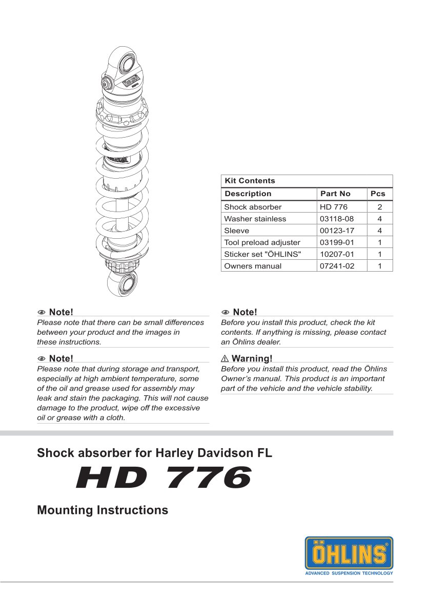 โช๊คหลังแต่ง Ohlins HD776 For Harley-Davidson FL Touring (Road King, Street Glide, Electra Glide etc) ปี 1990-2022