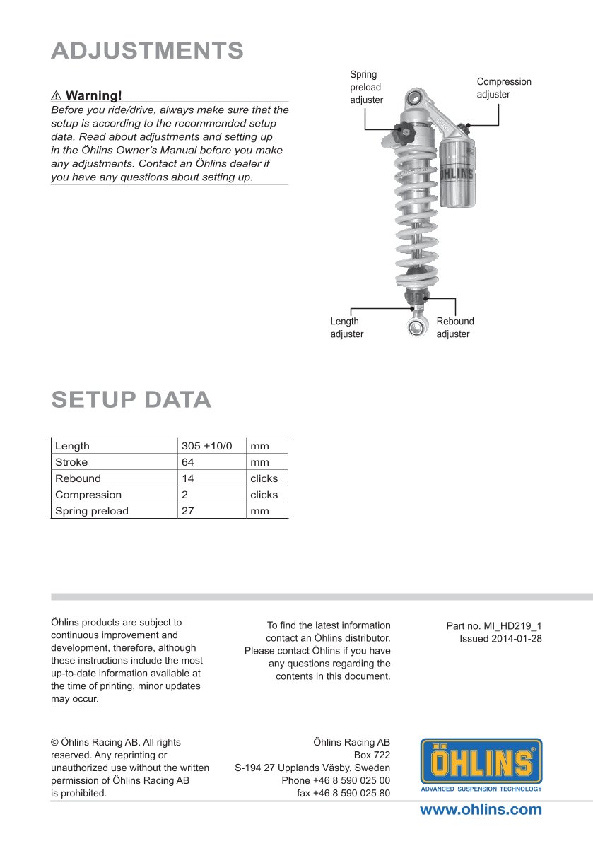 โช๊คหลังแต่ง Ohlins HD219 For Harley-Davidson Dyna FXD ปี 1991-2017