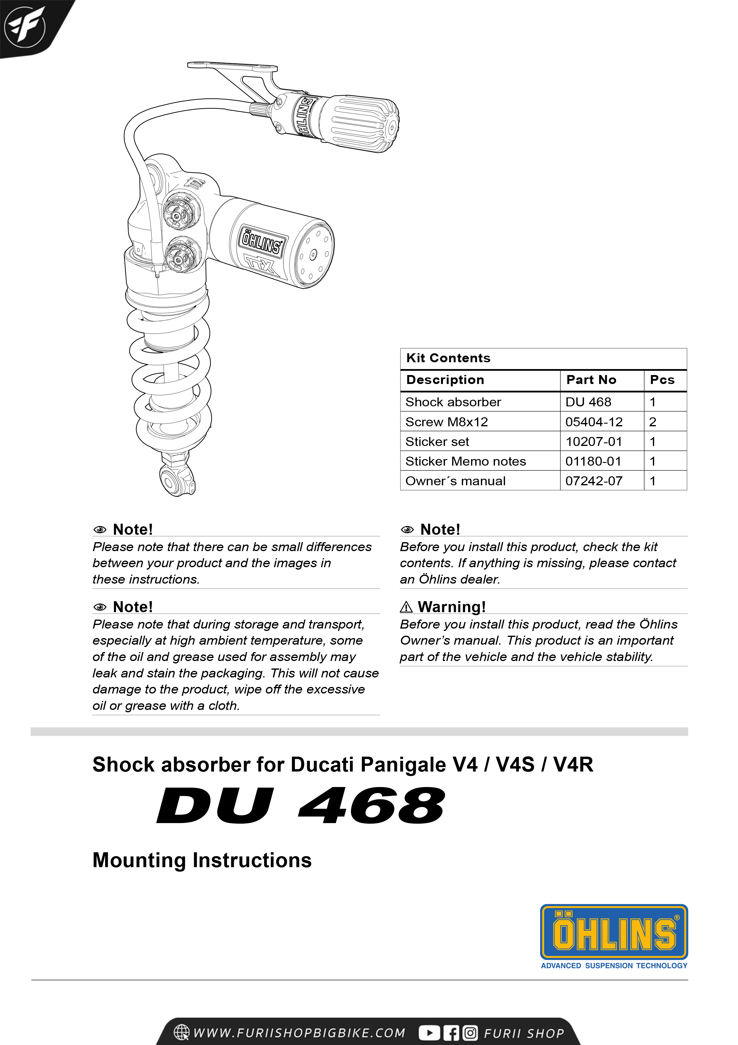 โช๊คหลัง OHLINS Sweden DU468 For Ducati Panigale V4/S 2018