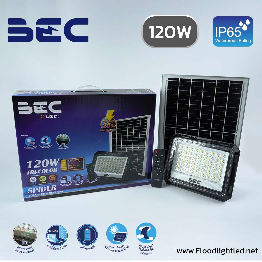โคมไฟฟลัดไลท์ LED โซล่าเซลล์ รุ่น Spider Tri color 120W