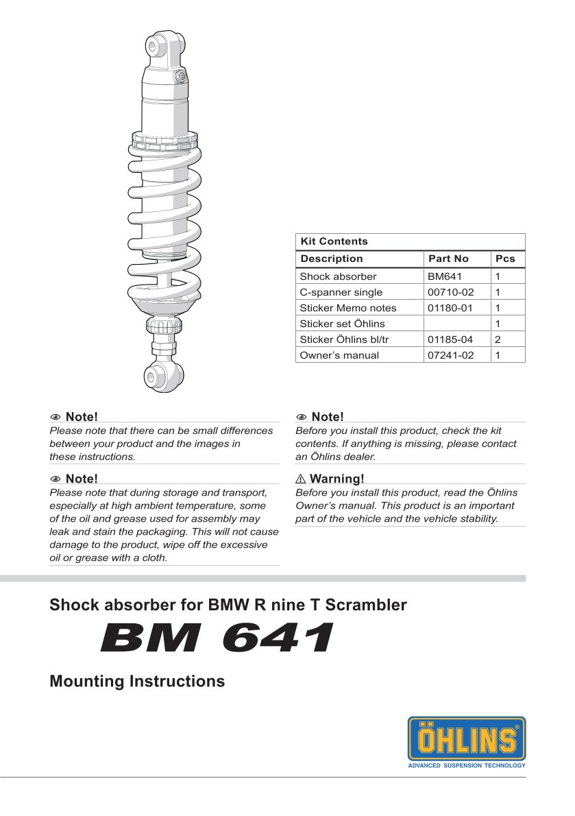 โช๊คหลัง OHLINS Sweden BM641 For BMW RnineT Urban G/S 2017-2018