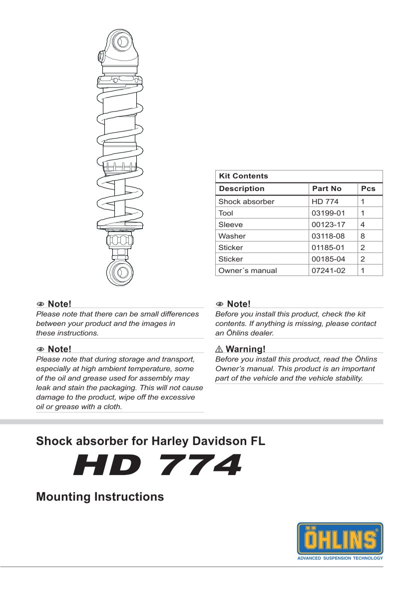 โช๊คหลังแต่ง Ohlins HD774 For Harley-Davidson FL Touring (Road King, Street Glide, Electra Glide etc) ปี 1990-2022