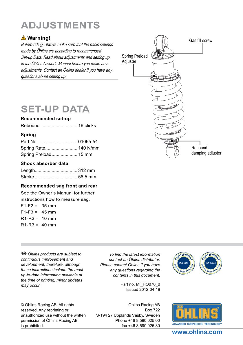 โช๊คหลังแต่ง Ohlins HO070 For Honda NC700X ปี 2012-2013