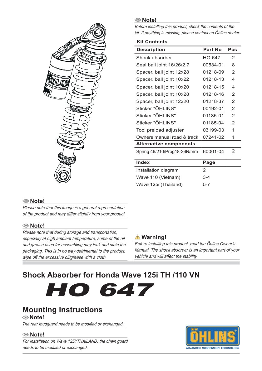 โช๊คหลังแต่ง Ohlins HO647 For Honda Wave 110i VN / Wave 125i TH ปี 2015-2022