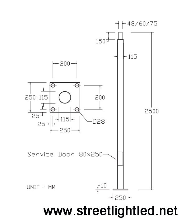 เสาไฟถนนตรง เหล็กสี่เหลี่ยม สูง 2.5 เมตร