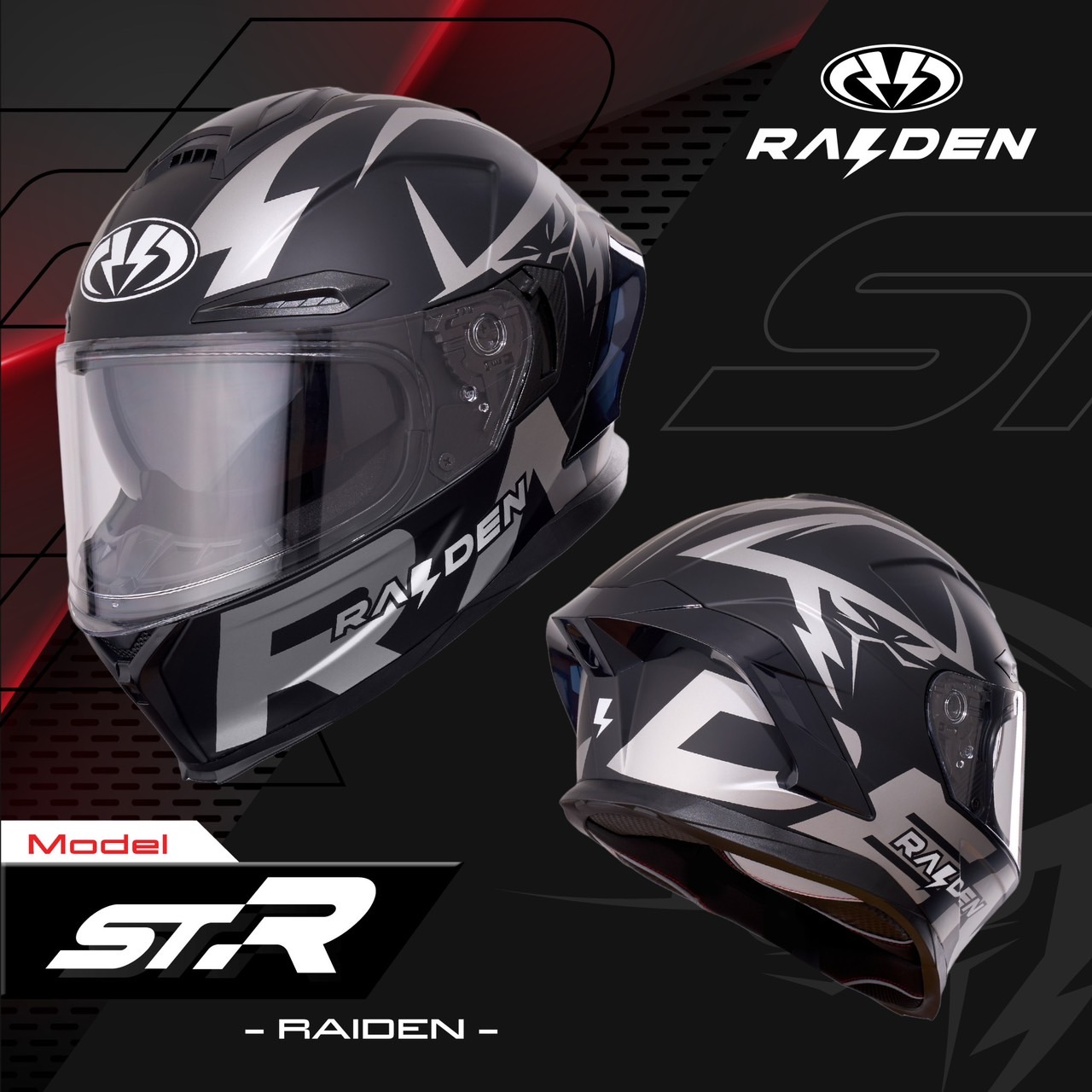 หมวกกันน็อคเต็มใบ หมวกกันน็อค RAIDEN รุ่น STR รูปทรงสปอร์ตโฉบเฉี่ยวมาพร้อมสปอยเลอร์หลังสุดเท่ไม่ซ้ำใคร แถมฟรี ชิลด์ดำ สี RAIDEN