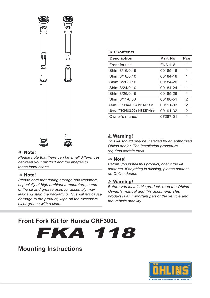 สปริงโช้คหน้า Ohlins FKA118 For Honda CRF300L(Asia) 2021-2023