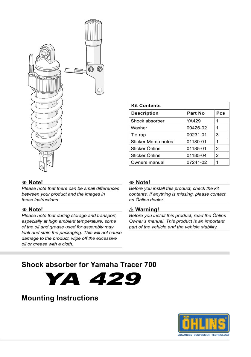 โช๊คหลังแต่ง Ohlins YA429 For Yamaha Tracer 700/Tracer 7 (FJ-07) ปี 2016-2024