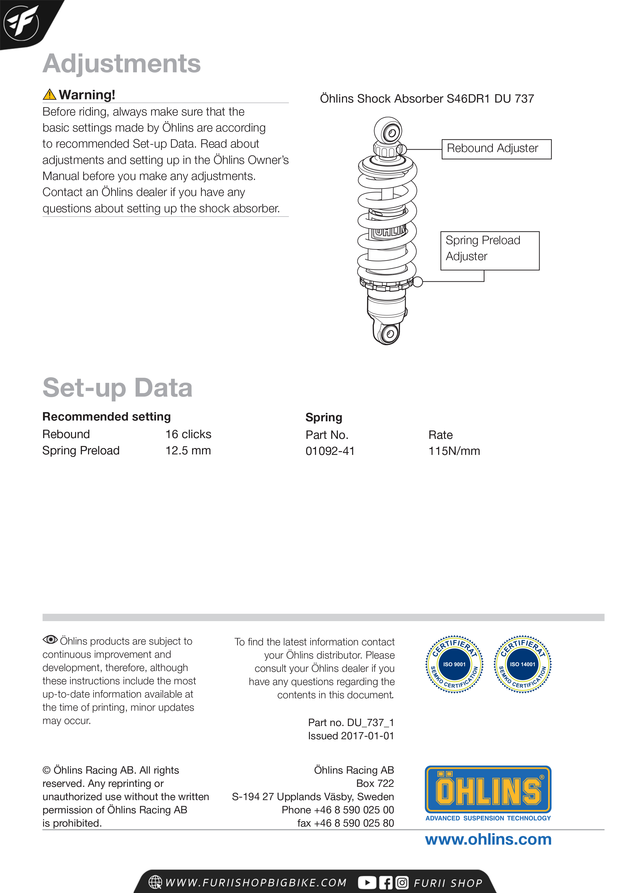โช๊คหลัง OHLINS Sweden DU737 For Ducati Monster1100, 696, 796