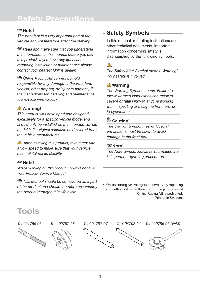 สปริงโช้คหน้า Ohlins FGK234 For Yamaha YZF R1M 2015-2019