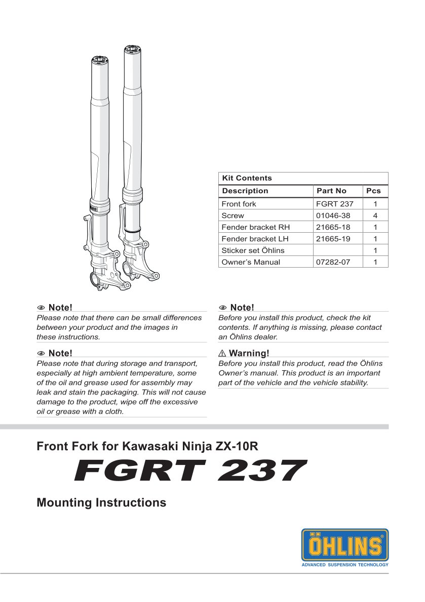 โช้คหน้า OHLINS FGRT237 FOR Kawasaki ZX-10RR 2021-2023
