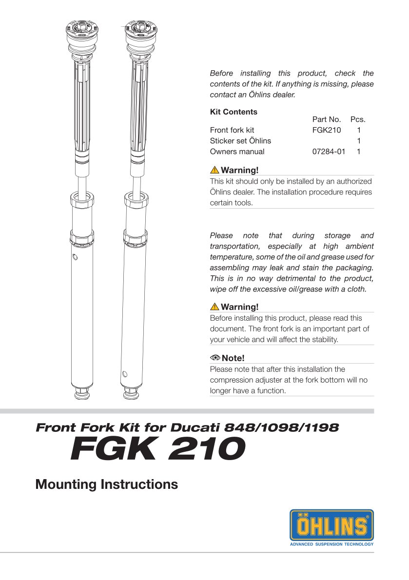สปริงโช้คหน้า Ohlins FGK210 For Ducati 1198 2009-2011