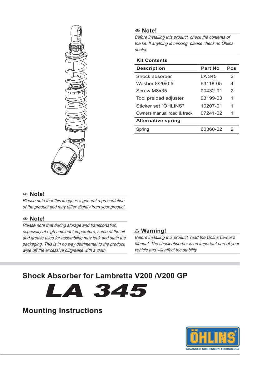 โช๊คหลังแต่ง Ohlins LA345 For Lambretta V200 ปี 2019-2023