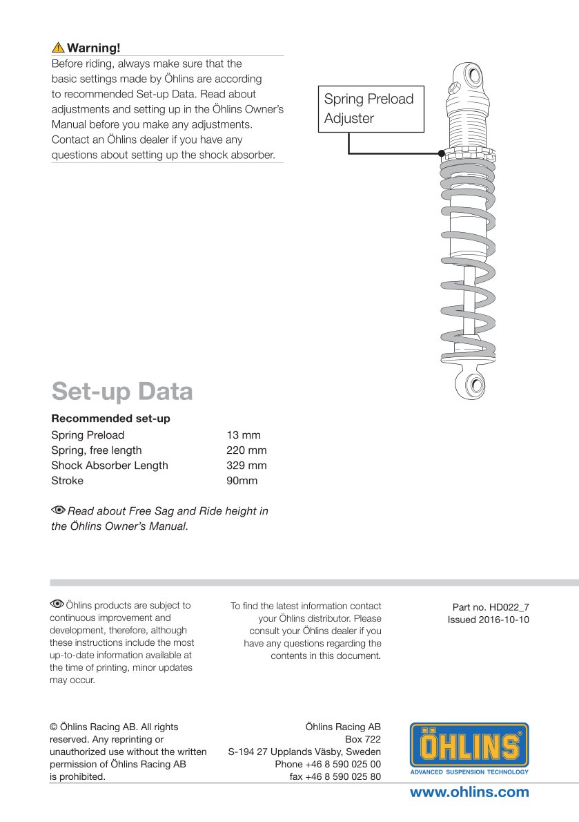โช๊คหลังแต่ง Ohlins HD022 For Harley-Davidson FL Touring (Road King, Street Glide, Electra Glide etc) ปี 1990-2022