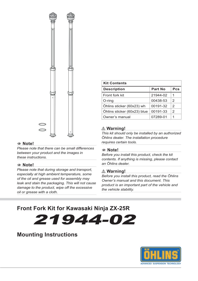 สปริงโช้คหน้า Ohlins 21944-02 For Kawasaki ZX4-R 2024