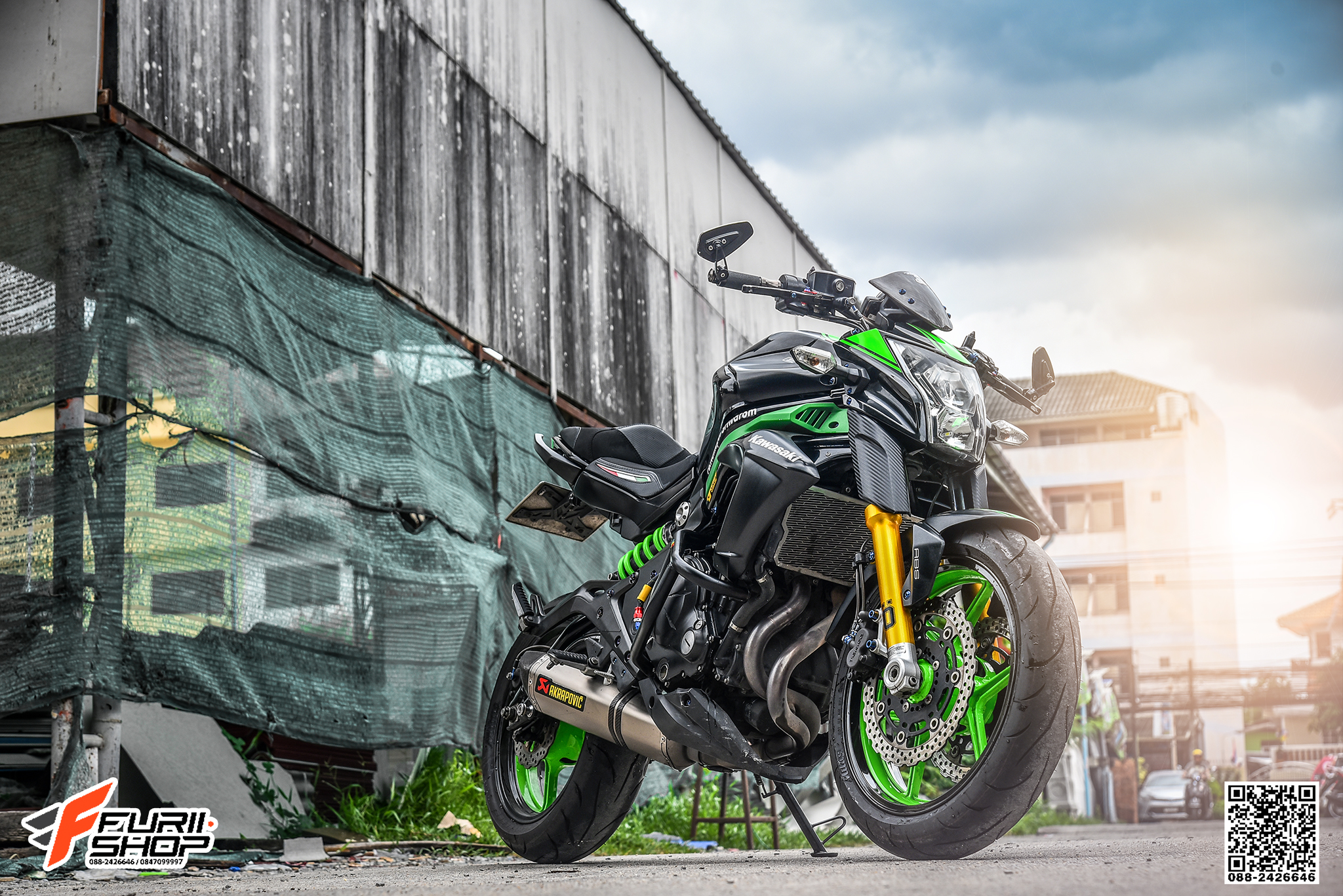 สายHEL KAWASAKI ER6N เดินทางเดิม หน้า สายCARBON หัวเบนโจสีน้ำเงิน