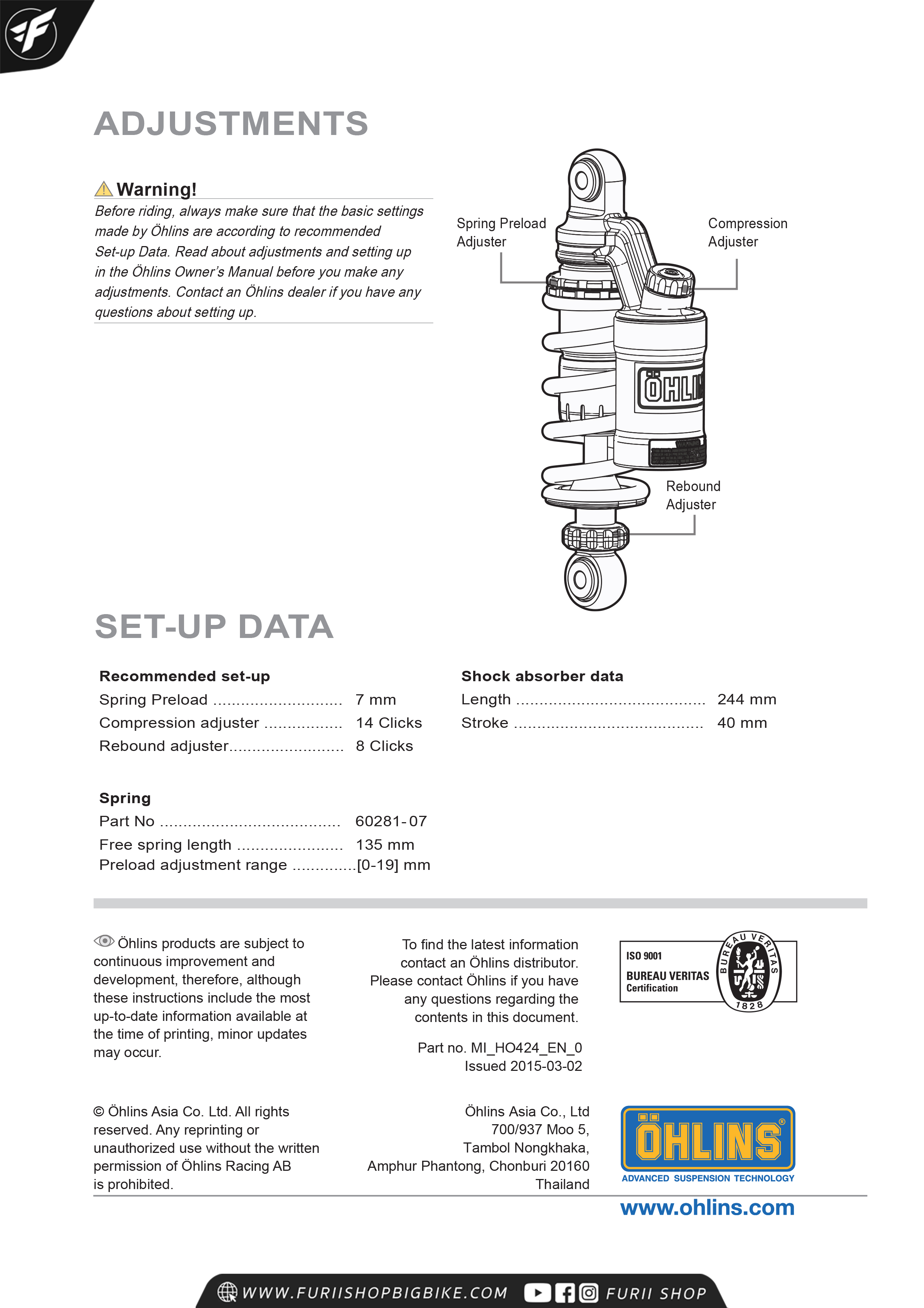 โช๊คหลัง โช๊คแต่ง โช๊คมอเอตร์ไซค์ OHLINS HO424 FOR ฮอนด้า HONDA MSX125