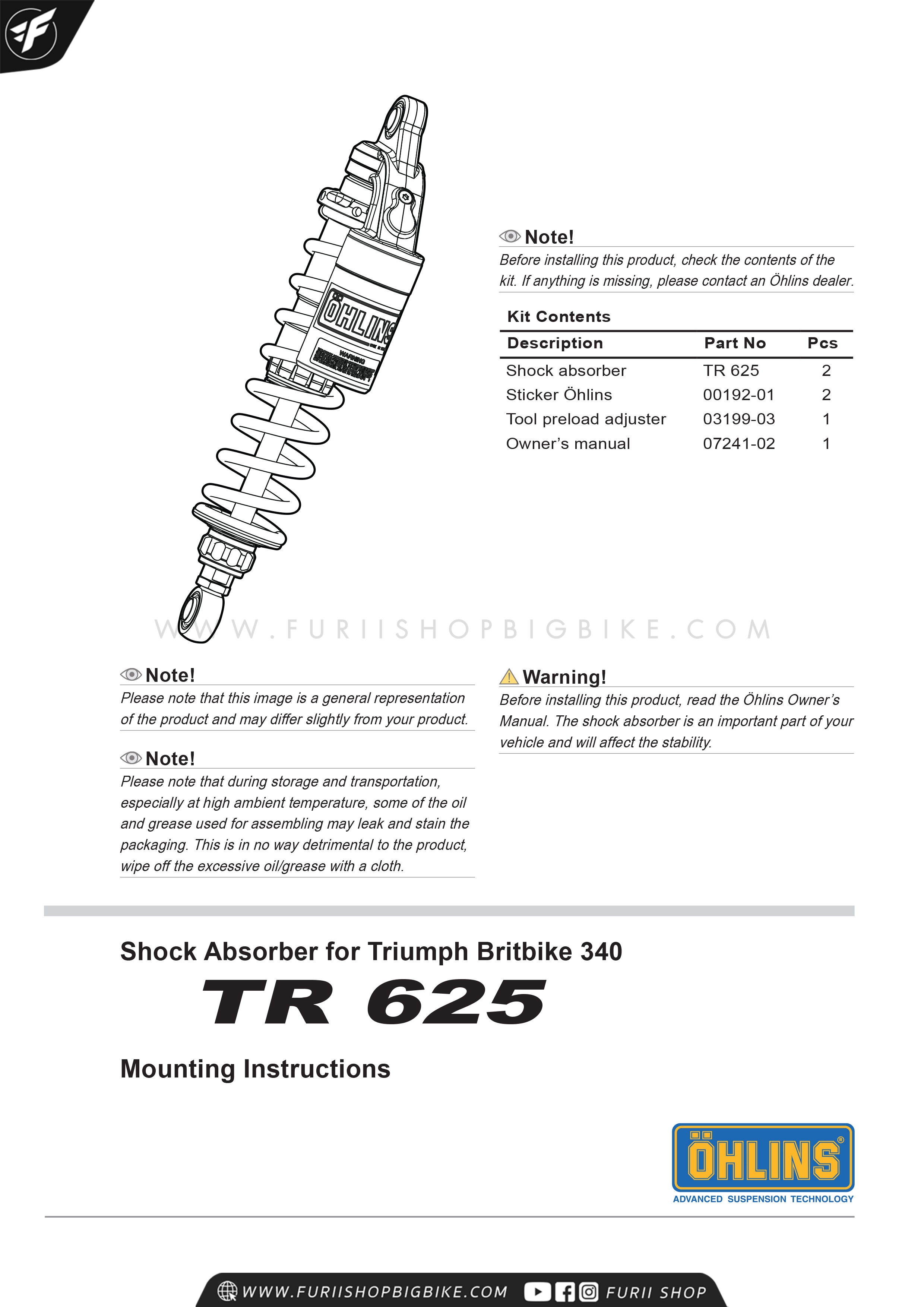 โช๊คหลัง OHLINS TR625 FOR Triumph Classic Asia 340 2007-2015