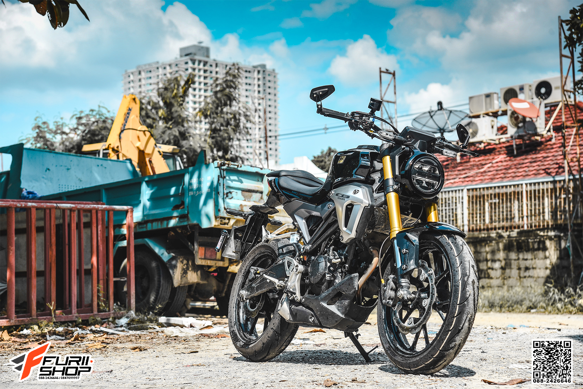 สายHEL HONDA CB150R เดินทางเดิม หน้า-หลัง สายCARBON หัวเบนโจสีดำ