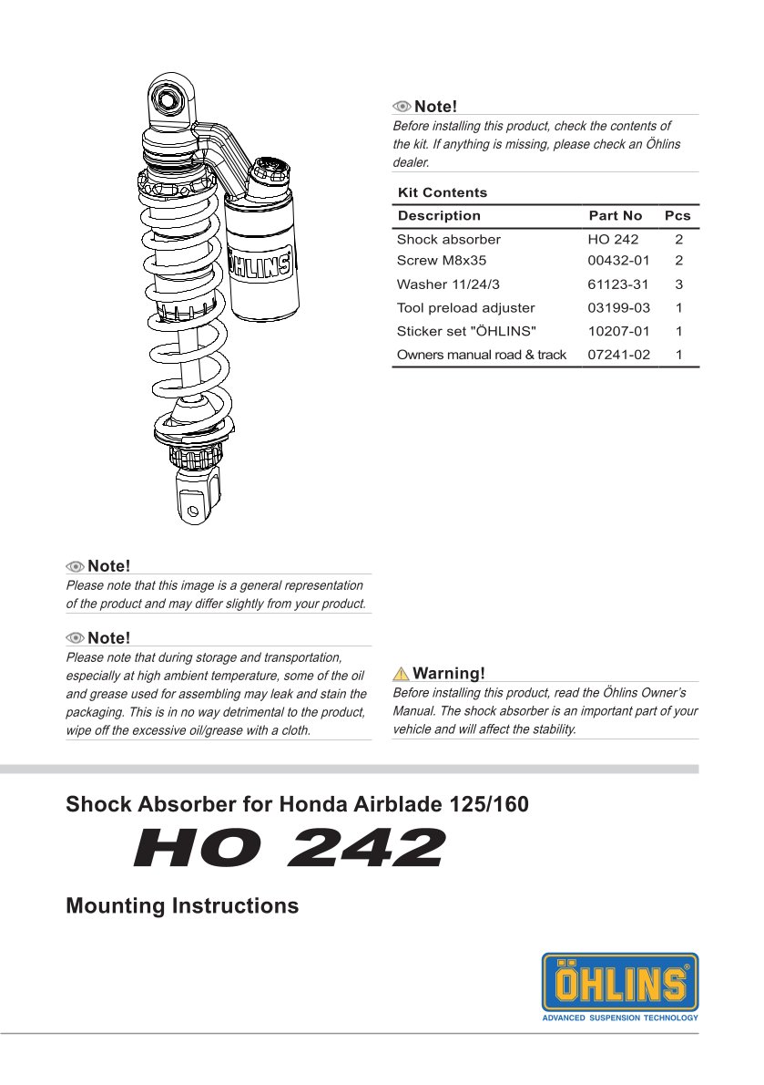โช๊คหลังแต่ง Ohlins HO242 For Honda Air Blade 160 ปี 2022