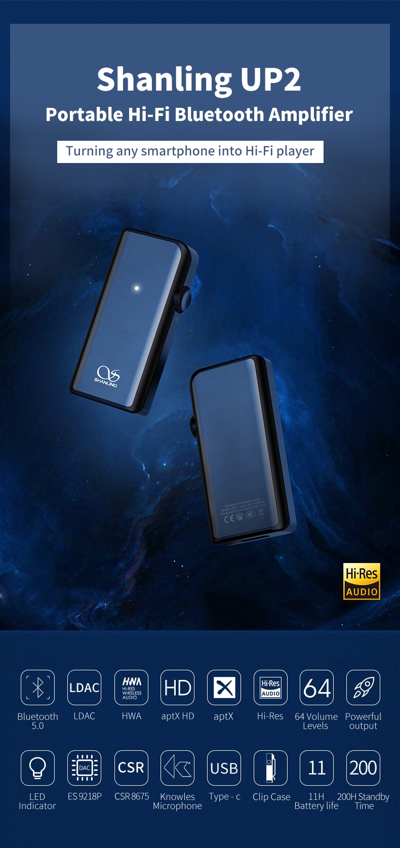 ขาย SHANLING UP2 DAC/AMP พกพา ชิป Qualcomm CSR8675 รองรับบลูทูธ 5.0 aptX HD, LDAC, HWA LHDC, AAC