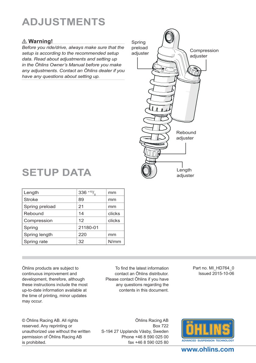 โช๊คหลังแต่ง Ohlins HD764 For Harley-Davidson Dyna FXD ปี 1991-2017