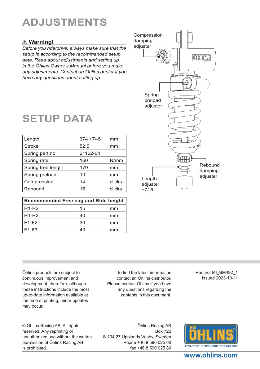 โช๊คหลังแต่ง Ohlins BM492 For BMW R nineT Urban G/S ปี 2017-2020