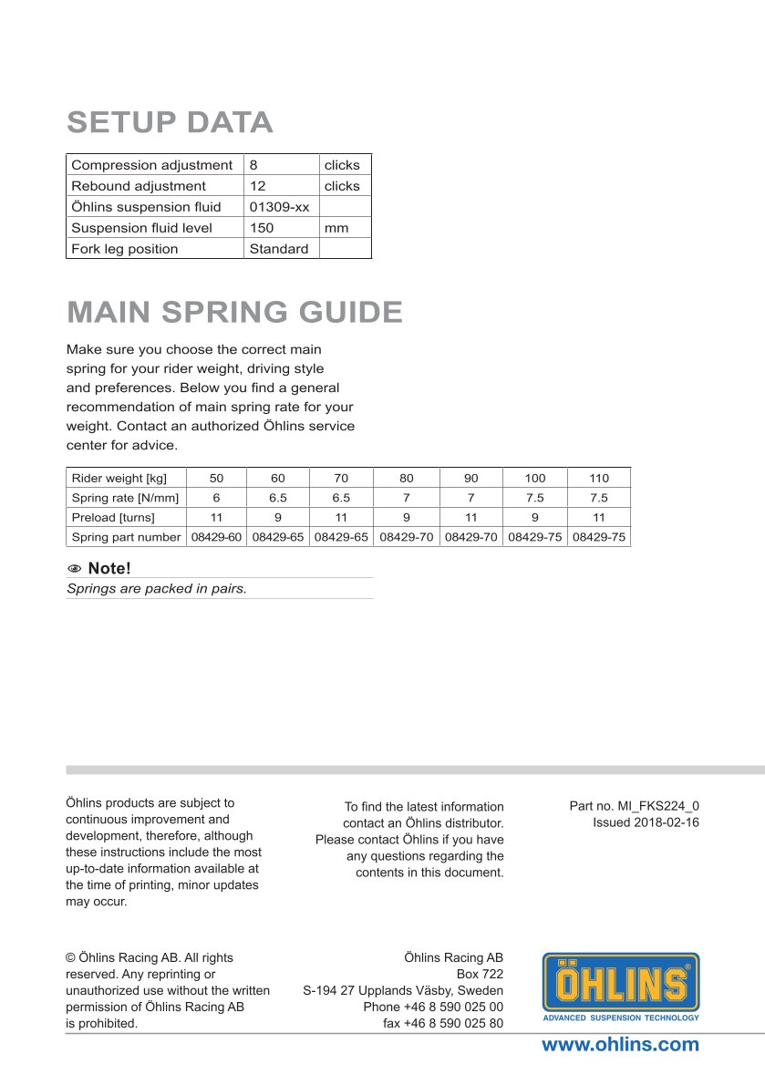 สปริงโช้คหน้า Ohlins FKS224 For Kawasaki Ninja 400 2018-2023