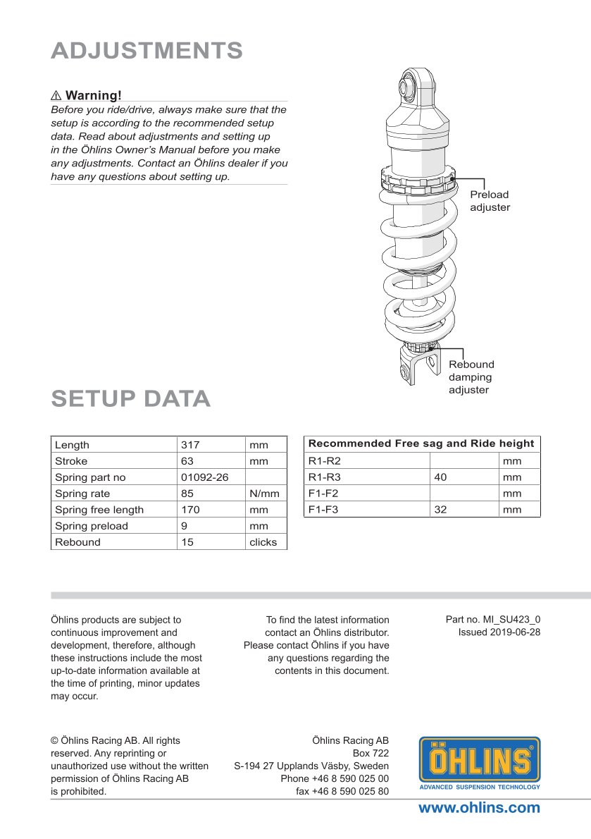 โช๊คหลังแต่ง Ohlins SU423 For Suzuki SV 650 ปี 2017-2024