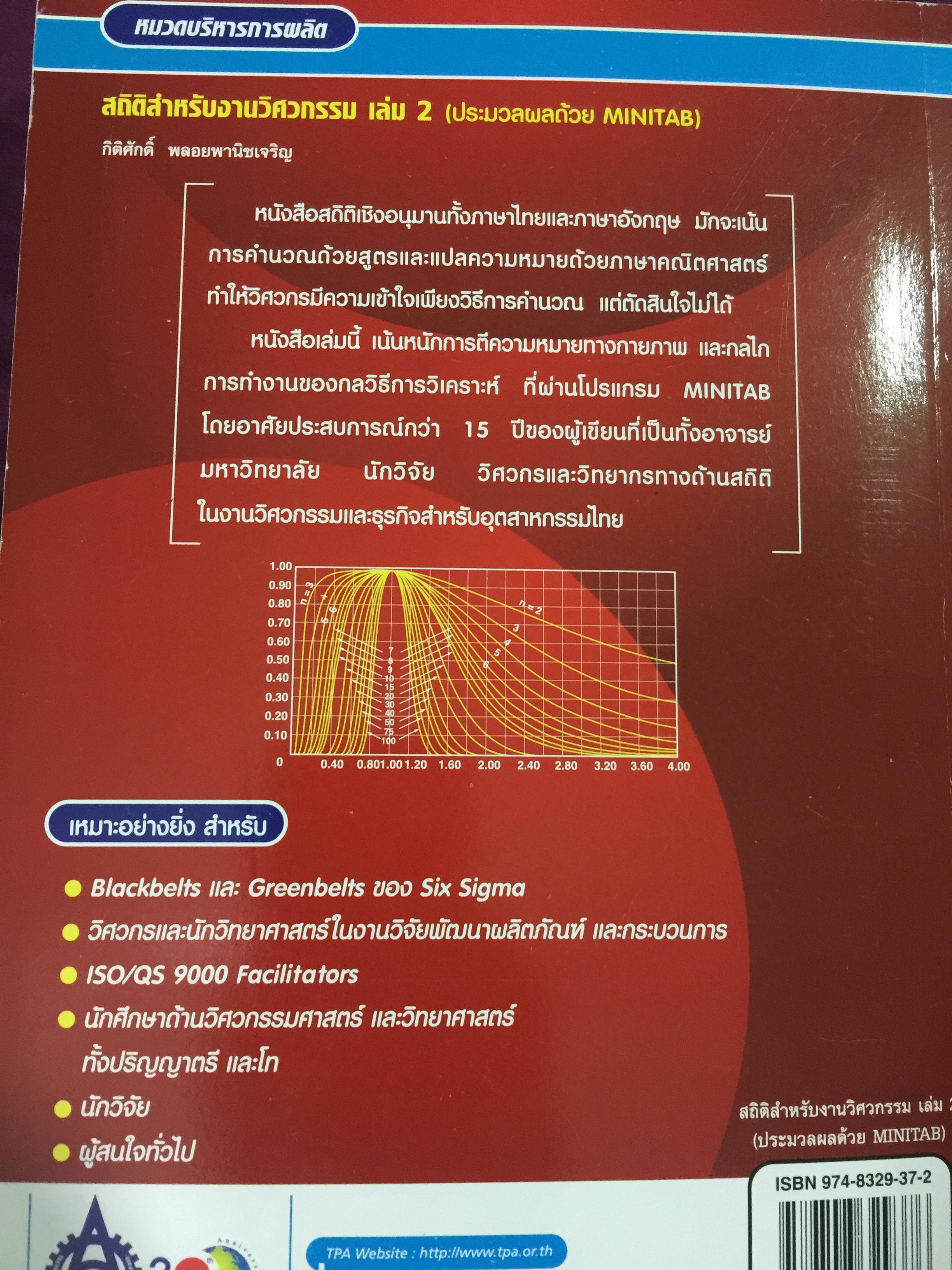 สถิติสำหรับ งานวิศวกรรม เล่ม2 (ประมวลผลด้วย MINITAB) ผู้เขียน กิติศักดิ์ พลอยพานิชเจริญ สำนักพิมพ์ ส.ส.ท. สมาคมส่งเสริมเทคโนโลยี(ไทย-ญี่ปุ่น) 0 กก.