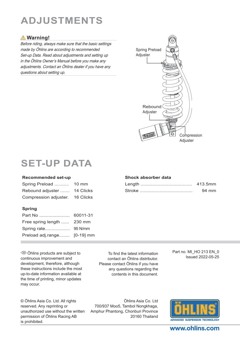 โช๊คหลังแต่ง Ohlins HO213 For Honda CRF 300L (US/EU Version) ปี 2021-2023