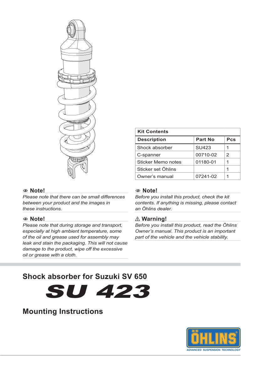 โช๊คหลังแต่ง Ohlins SU423 For Suzuki SV 650 ปี 2017-2024