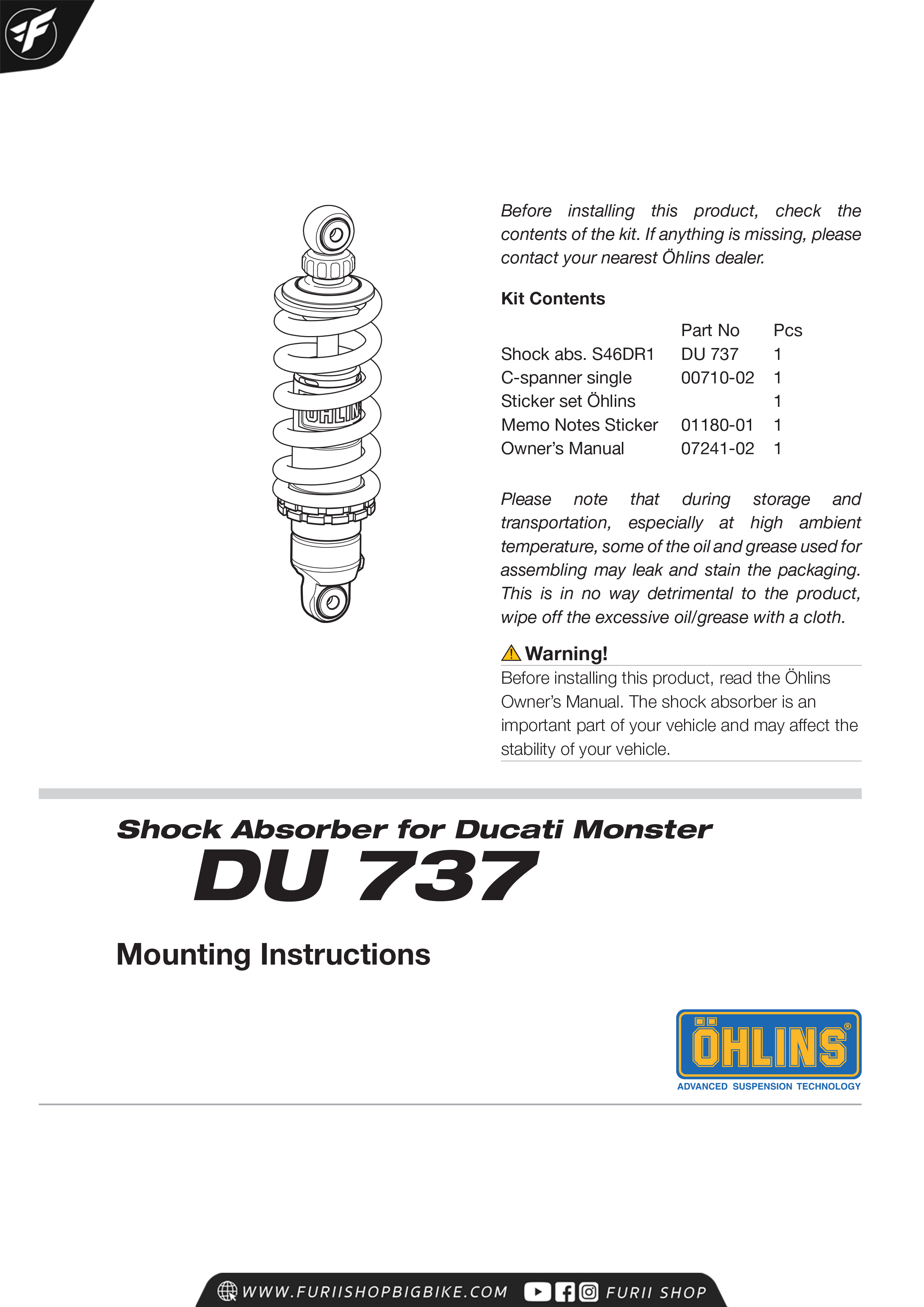 โช๊คหลัง OHLINS Sweden DU737 For Ducati Monster1100, 696, 796