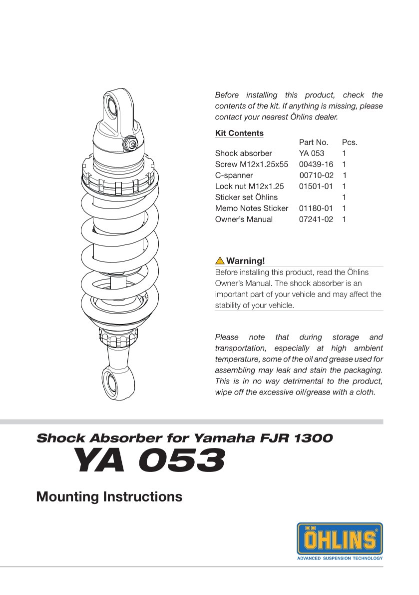 โช๊คหลังแต่ง Ohlins YA053 For Yamaha FJR 1300 ปี 2006-2012